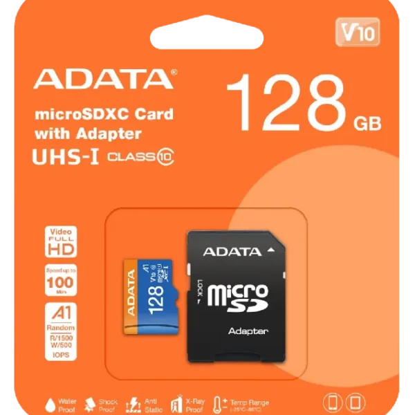 کارت حافظه ای دیتا مدل ADATA MICRO SDXC UHS-I V10 R100W25+ADP ظرفیت 128 گیگابایت