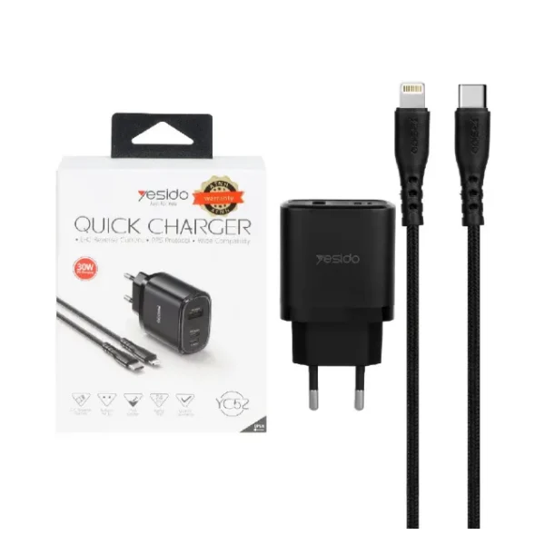 شارژر دیواری یسیدو 30 وات مدل YC52 با کابل شارژ آیفون (سه پورت)