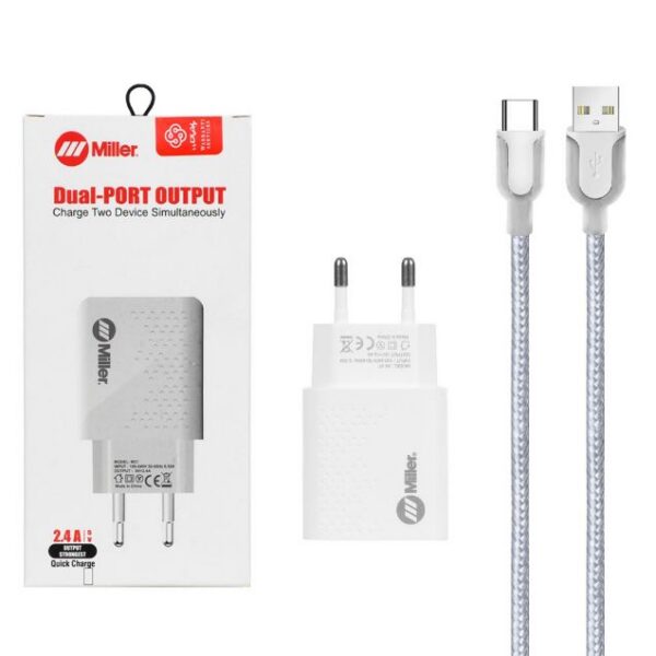 شارژر دیواری میلر 12 وات مدل M-37 با کابل شارژ تایپ سی (دو پورت)