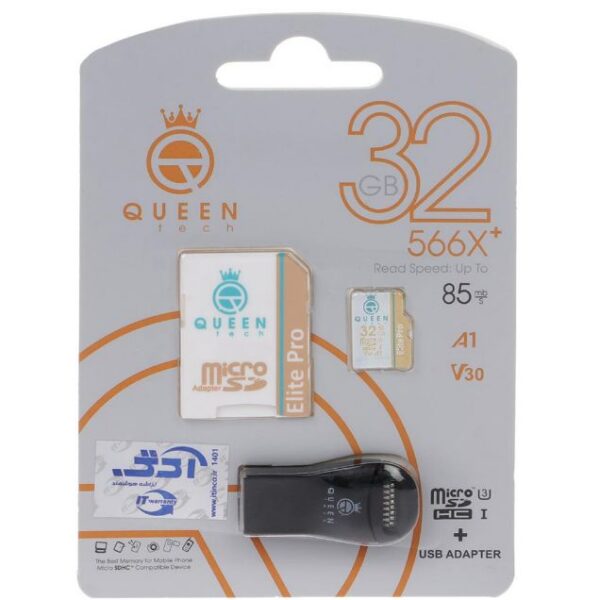 کارت حافظه microSDHC کوئین تک مدل 566X plus کلاس 10 استاندارد U3 سرعت 85MB/s به همراه آداپتور و رم ریدر ظرفیت 32 گیگابایت