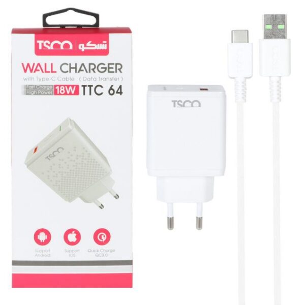 شارژر دیواری 18W فست تک پورت تسکو مدل TTC 64 با کابل شارژ یو اس بی به تایپ سی