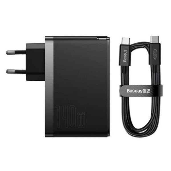 شارژر دیواری 140وات باسئوس مدل GaN5 Pro Fast Charger 2C+U 140W EU CCGP10020 همراه با کابل تایپ سی به تایپ سی
