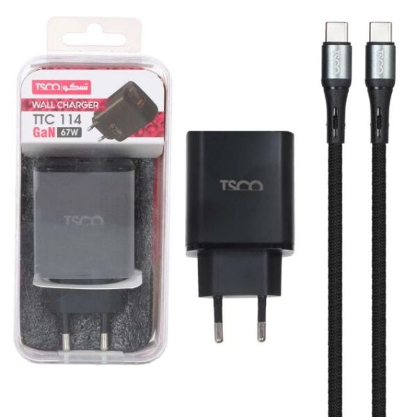 شارژر دیواری 67W فست وPD دو پورت تسکو مدل TTC 114 با کابل شارژ تایپ سی به تایپ سی